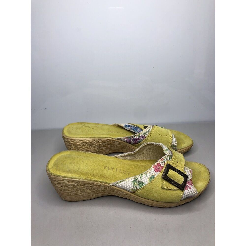 FLY FLOT Anti Shock Yellow Suede Floral Buckle Wedge Sandals Women 41EU/10.5M US